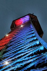 A view of the Tower at night from the second level.